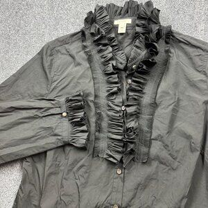 J. Crew Women's Solid Black Tuxedo Blouse  Ruffled Placket Cuff Button Shirt 12